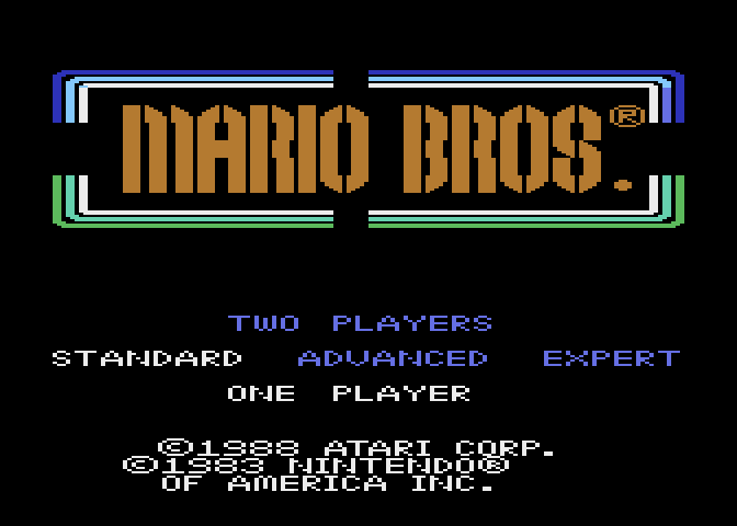 Mario Bros. Atari 7800 Screenshot: Title screen and main menu.