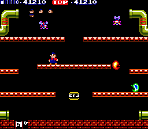 Mario Bros. Arcade Screenshot: Fighterflies can only be flipped over when touching the ground...