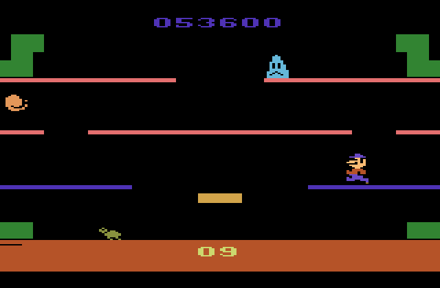 Mario Bros. Atari 2600 Screenshot: Blue platforms are icy, be careful!
