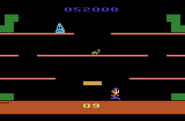 Mario Bros. Atari 2600 Screenshot: Slipice appears on later levels and freezes the platforms.