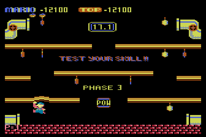 Mario Bros. Atari 8-bit Screenshot: Test your skills! Collect all the coins...