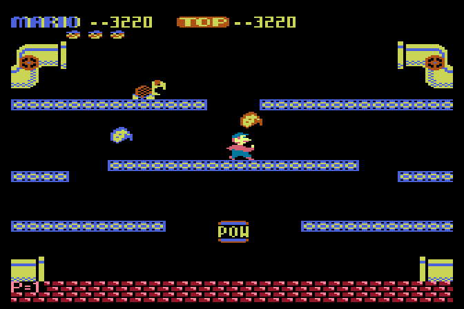 Mario Bros. Atari 8-bit Screenshot: Careful, don't get burnt by fireballs!