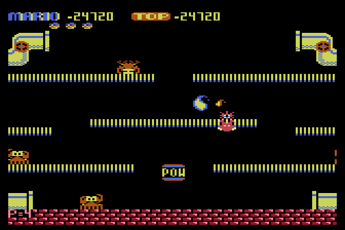 Mario Bros. Atari 8-bit Screenshot: Oh no, burnt by a fireball!