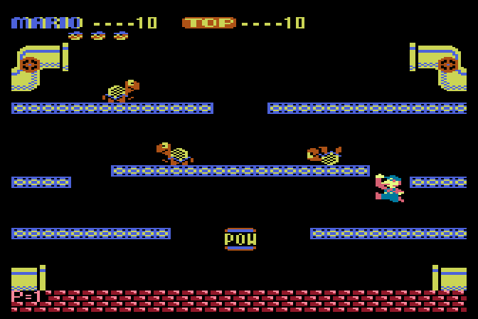 Mario Bros. Atari 8-bit Screenshot: Kick pests off the platform when they are upside down.