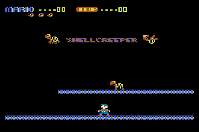 Mario Bros. Atari 8-bit Screenshot: Game introduction; first, you'll encounter the Shellcreepers!