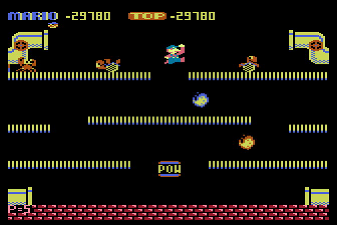 Mario Bros. Atari 8-bit Screenshot: Some levels have a mixture of pests.