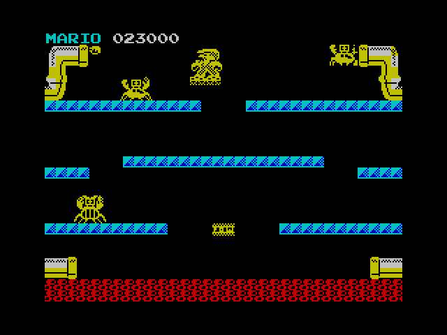 Mario Bros. ZX Spectrum Screenshot: After losing a life you reappear on a platform at the top of the screen.