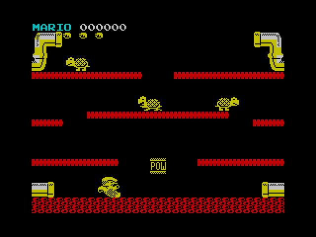 Mario Bros. ZX Spectrum Screenshot: The floors are extra slippery in the ZX Spectrum version!