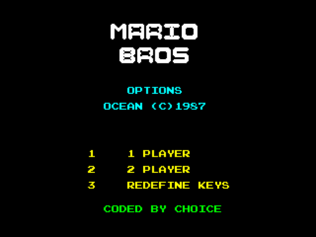Mario Bros. ZX Spectrum Screenshot: The main menu.