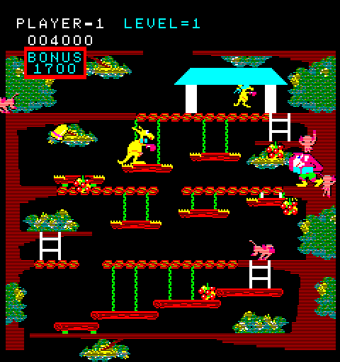 Kangaroo Arcade Screenshot: Watch out for that ape that tries to steal your boxing gloves!