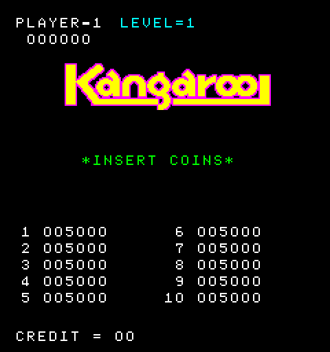 Kangaroo Arcade Screenshot: Game attract mode and high scores.