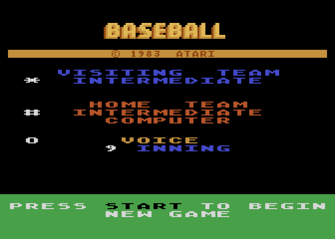 RealSports Baseball Atari 5200 Screenshot: Title screen and game options.
