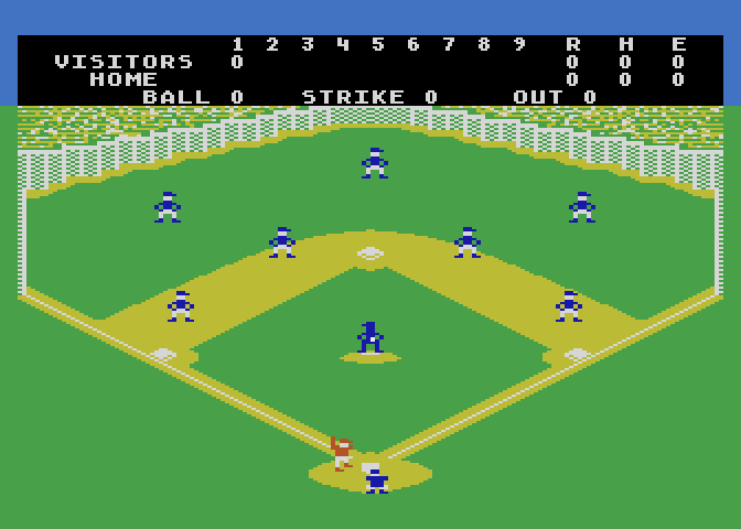 RealSports Baseball Atari 5200 Screenshot: Blue team takes the field, ready to pitch...