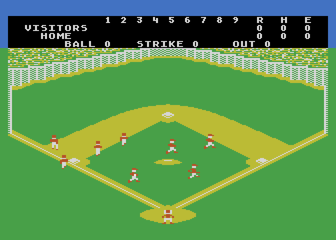 RealSports Baseball Atari 5200 Screenshot: Game start; players take the field...
