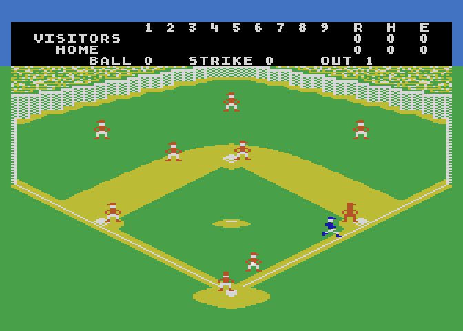 RealSports Baseball Atari 5200 Screenshot: Running to first base...