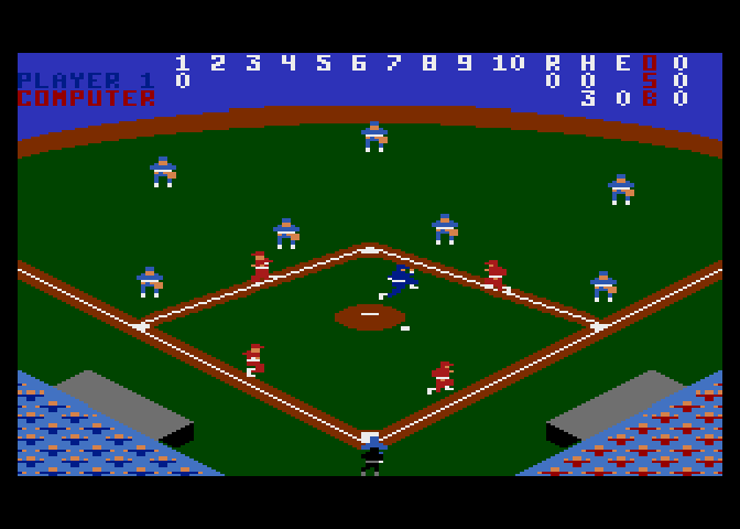 RealSports Baseball Atari 7800 Screenshot: The red team (played by the computer) is about to earn their first run...