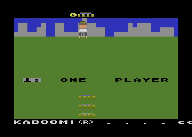 Kaboom! Atari 5200 Screenshot: Starting screen; the game title and credits scroll along the bottom.