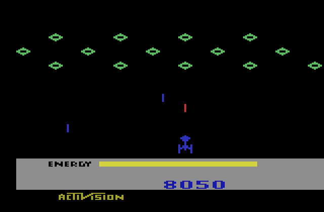 MegaMania Atari 2600 Screenshot: A wave of deadly diamond shaped invaders appears!