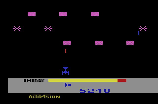 MegaMania Atari 2600 Screenshot: Each wave features a different attack pattern...