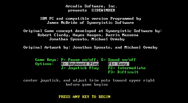 SideWinder IBM PC/Compatibles Screenshot: The main menu.