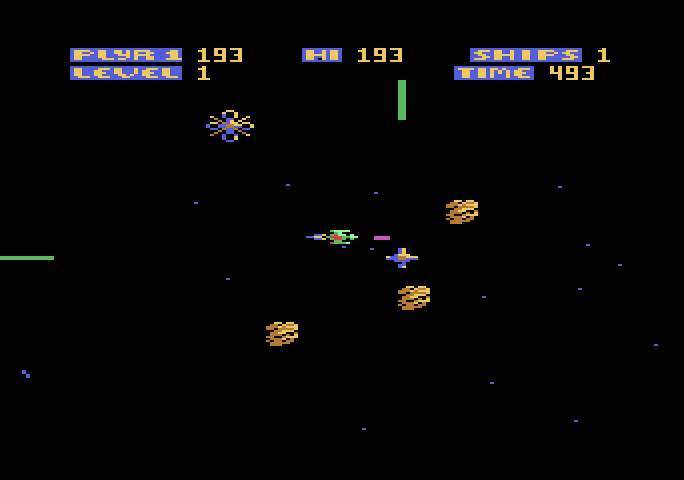 Zone Ranger Atari 5200 Screenshot: Blasting various opponents and rocks.