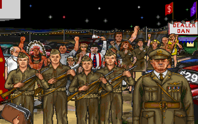 Leather Goddesses of Phobos! 2: Gas Pump Girls Meet the Pulsating Inconvenience from Planet X IBM PC/Compatibles Screenshot: An angry mob wants the alien!