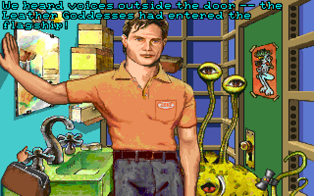 Leather Goddesses of Phobos! 2: Gas Pump Girls Meet the Pulsating Inconvenience from Planet X IBM PC/Compatibles Screenshot: Hiding in the closet...