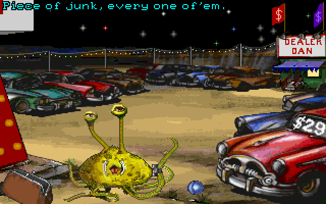 Leather Goddesses of Phobos! 2: Gas Pump Girls Meet the Pulsating Inconvenience from Planet X IBM PC/Compatibles Screenshot: Meeting a strange fellow here at the junk yard.