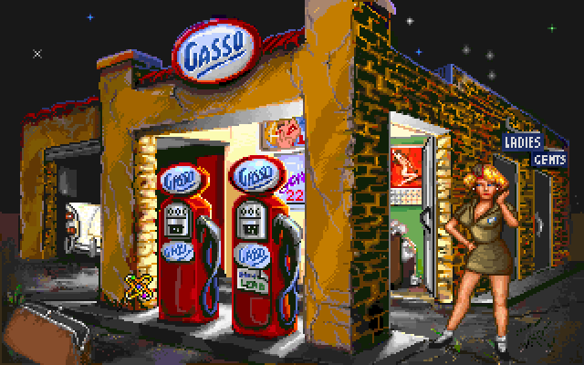 Leather Goddesses of Phobos! 2: Gas Pump Girls Meet the Pulsating Inconvenience from Planet X IBM PC/Compatibles Screenshot: At the gas station...