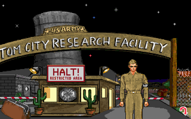 Leather Goddesses of Phobos! 2: Gas Pump Girls Meet the Pulsating Inconvenience from Planet X IBM PC/Compatibles Screenshot: Halt! Hmm, I can't get into the secret army base this way...