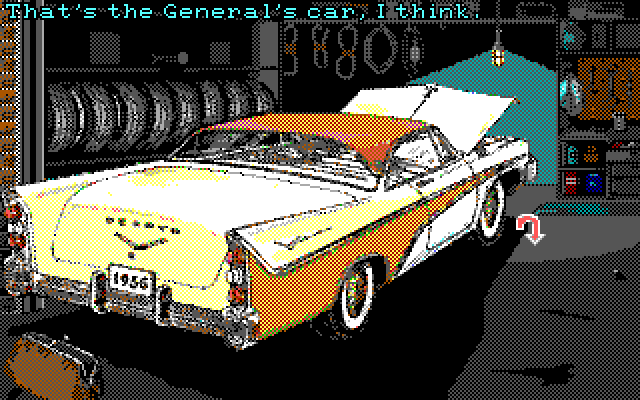 Leather Goddesses of Phobos! 2: Gas Pump Girls Meet the Pulsating Inconvenience from Planet X IBM PC/Compatibles Screenshot: The general's car is in for repair...