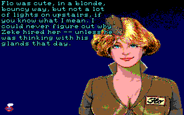 Leather Goddesses of Phobos! 2: Gas Pump Girls Meet the Pulsating Inconvenience from Planet X IBM PC/Compatibles Screenshot: Talking to Flo.