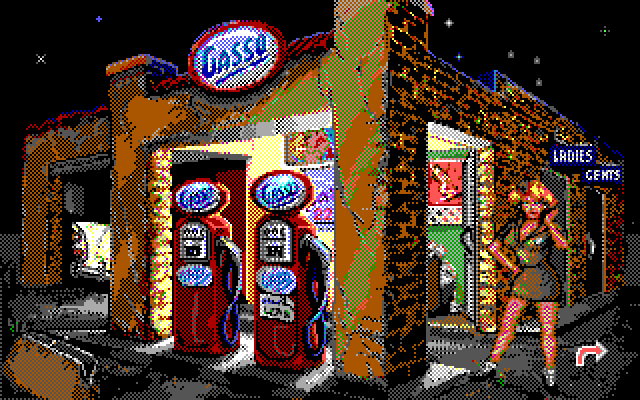 Leather Goddesses of Phobos! 2: Gas Pump Girls Meet the Pulsating Inconvenience from Planet X IBM PC/Compatibles Screenshot: At the gas station.