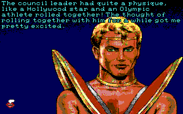 Leather Goddesses of Phobos! 2: Gas Pump Girls Meet the Pulsating Inconvenience from Planet X IBM PC/Compatibles Screenshot: Introducing the council leader.