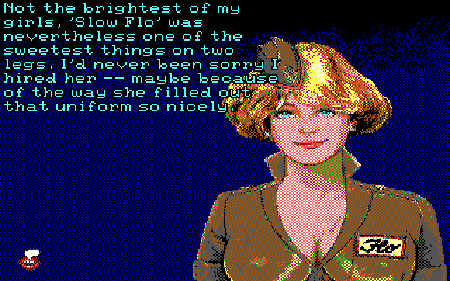 Leather Goddesses of Phobos! 2: Gas Pump Girls Meet the Pulsating Inconvenience from Planet X IBM PC/Compatibles Screenshot: Talking with Flo.
