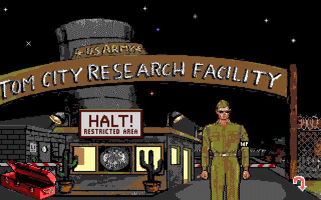 Leather Goddesses of Phobos! 2: Gas Pump Girls Meet the Pulsating Inconvenience from Planet X IBM PC/Compatibles Screenshot: Entering the army base...again!