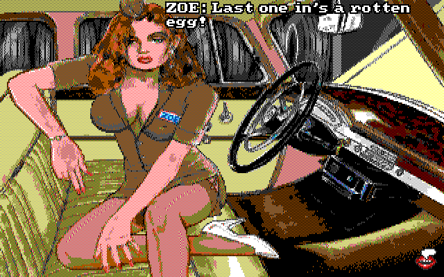 Leather Goddesses of Phobos! 2: Gas Pump Girls Meet the Pulsating Inconvenience from Planet X IBM PC/Compatibles Screenshot: Better get in the car!