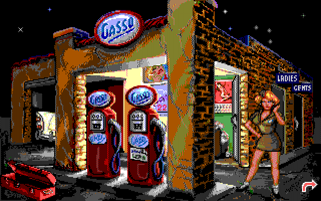 Leather Goddesses of Phobos! 2: Gas Pump Girls Meet the Pulsating Inconvenience from Planet X IBM PC/Compatibles Screenshot: At the gas station...