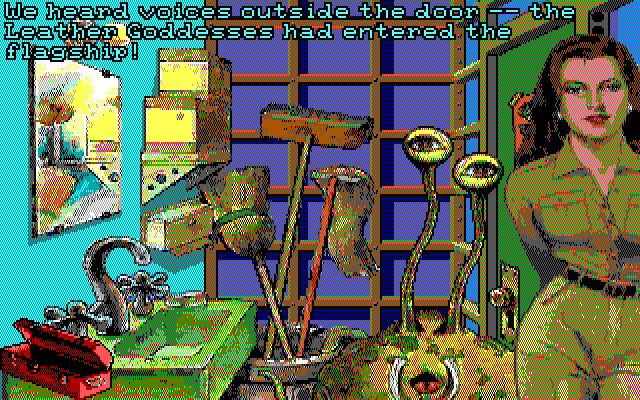 Leather Goddesses of Phobos! 2: Gas Pump Girls Meet the Pulsating Inconvenience from Planet X IBM PC/Compatibles Screenshot: Better hide here for now...