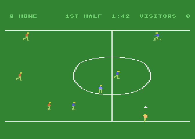 RealSports Soccer Atari 5200 Screenshot: Red team throws the ball in play after it goes out of bounds.