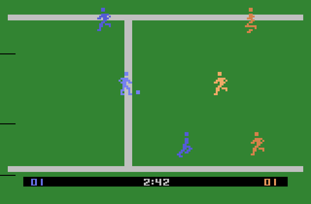 RealSports Soccer Atari 2600 Screenshot: Blue player intercepts the ball...