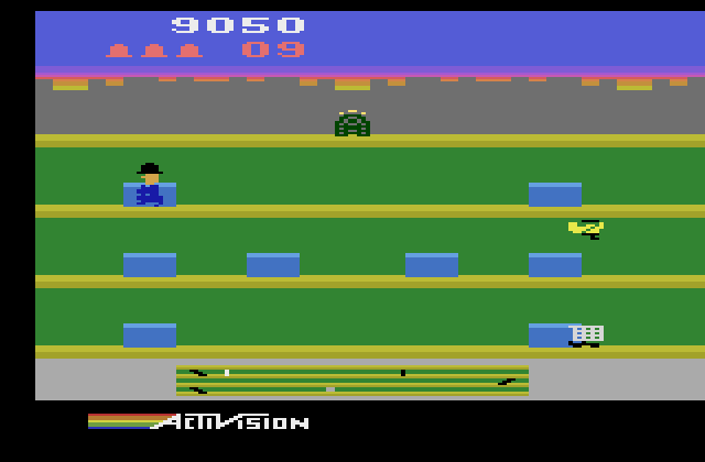 Keystone Kapers Atari 2600 Screenshot: Uh oh, I have only 9 seconds left!