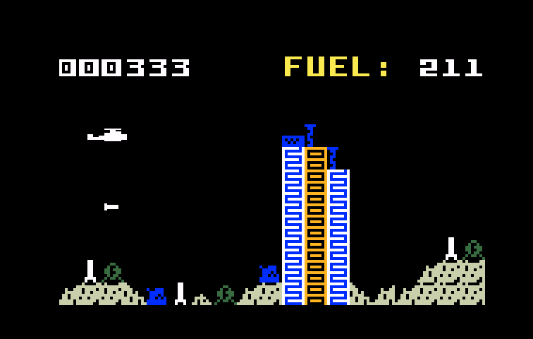 Super Cobra Intellivision Screenshot: Try to bomb targets, but don't crash into walls!