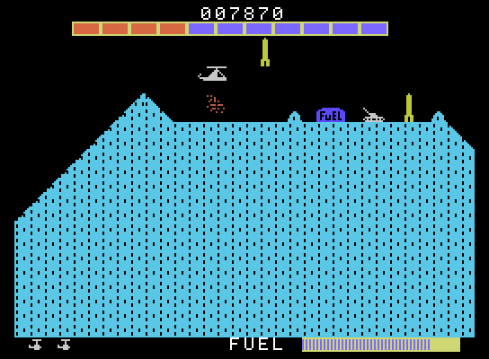 Super Cobra ColecoVision Screenshot: Narrow areas can be tough to fly through!