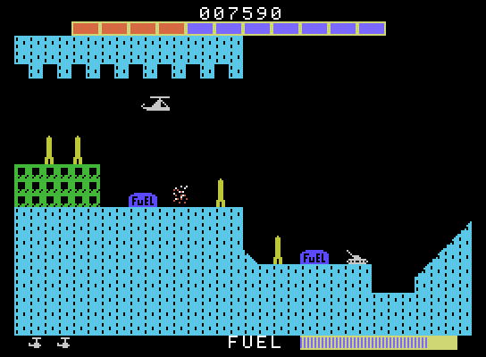 Super Cobra ColecoVision Screenshot: Blowing up fuel tanks will restore your fuel.