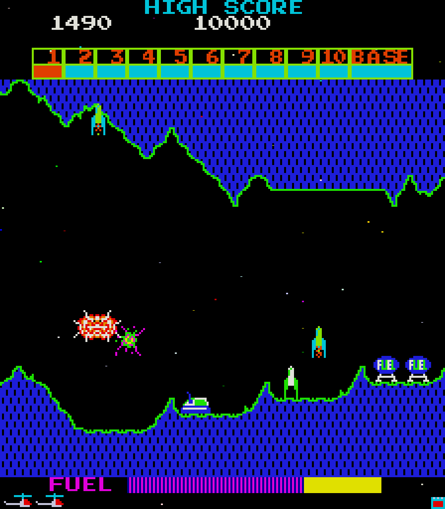 Super Cobra Arcade Screenshot: Crash! I'm hit and the screen flashes different colors.