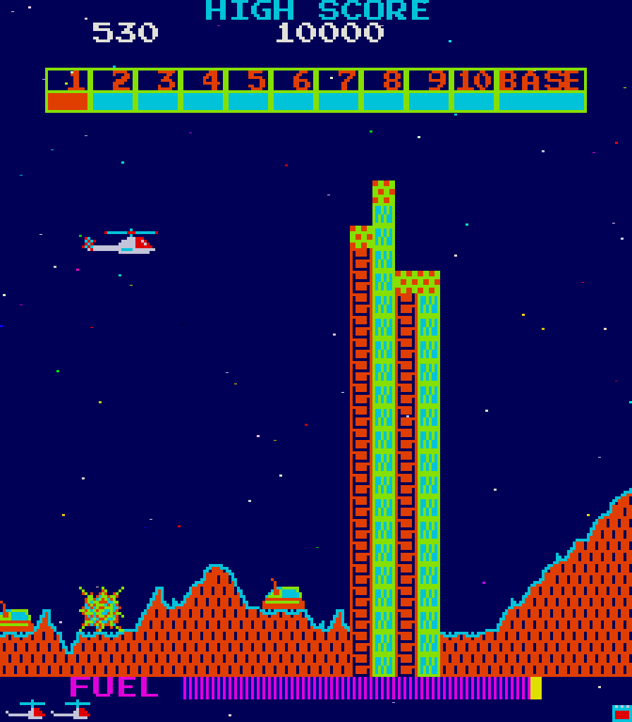 Super Cobra Arcade Screenshot: Don't crash into tall buildings.