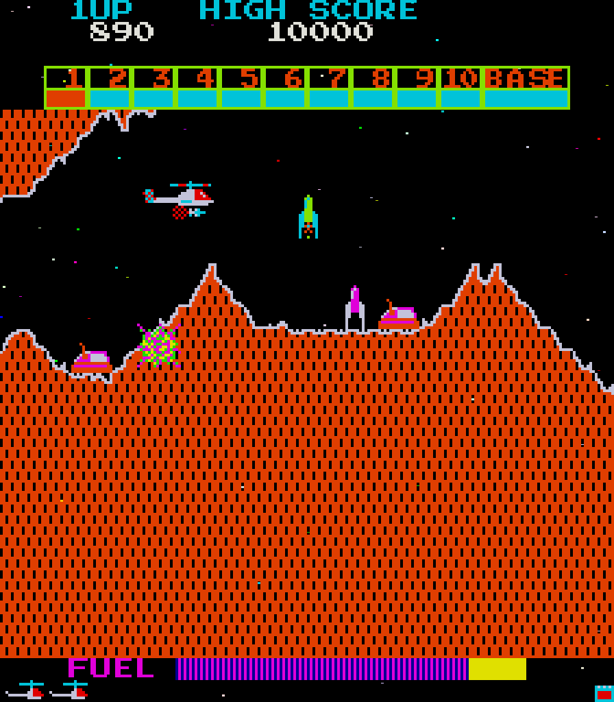 Super Cobra Arcade Screenshot: Missiles are tougher to avoid in the narrow sections.