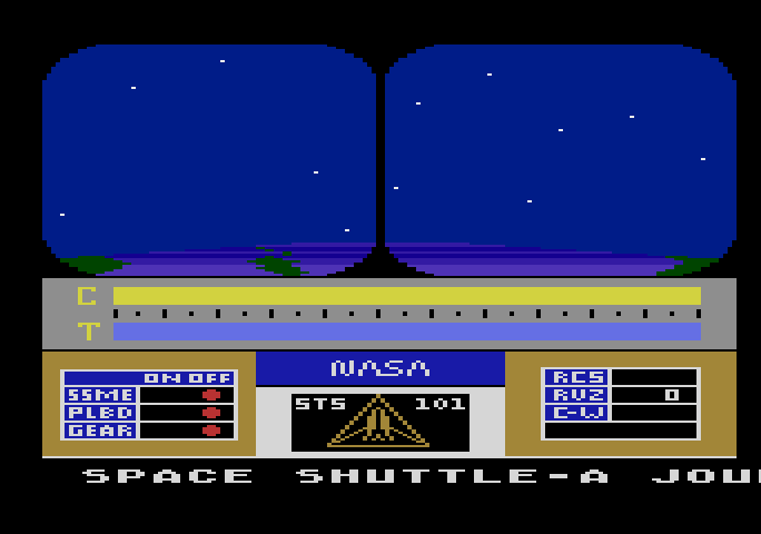 Space Shuttle: A Journey into Space Atari 5200 Screenshot: Starting screen; the game title and credits scroll along the bottom of the screen.