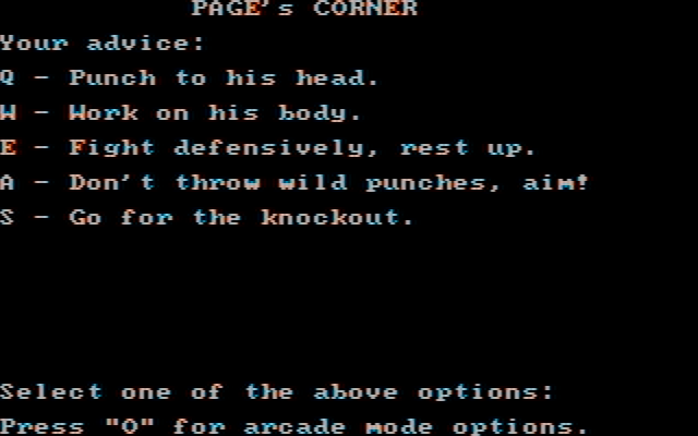 Sierra Championship Boxing IBM PC/Compatibles Screenshot: If you're playing the game in strategy mode you can offer some advice.